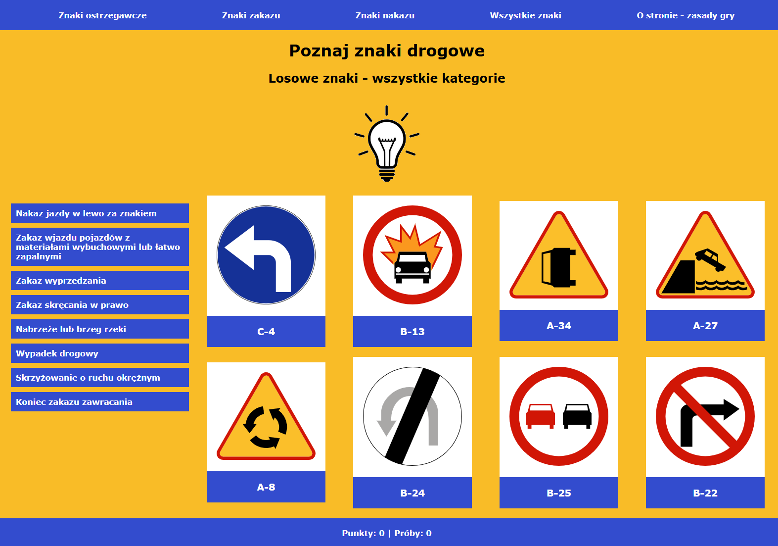 Poznaj znaki drogowe - gra HTML, JS, PHP